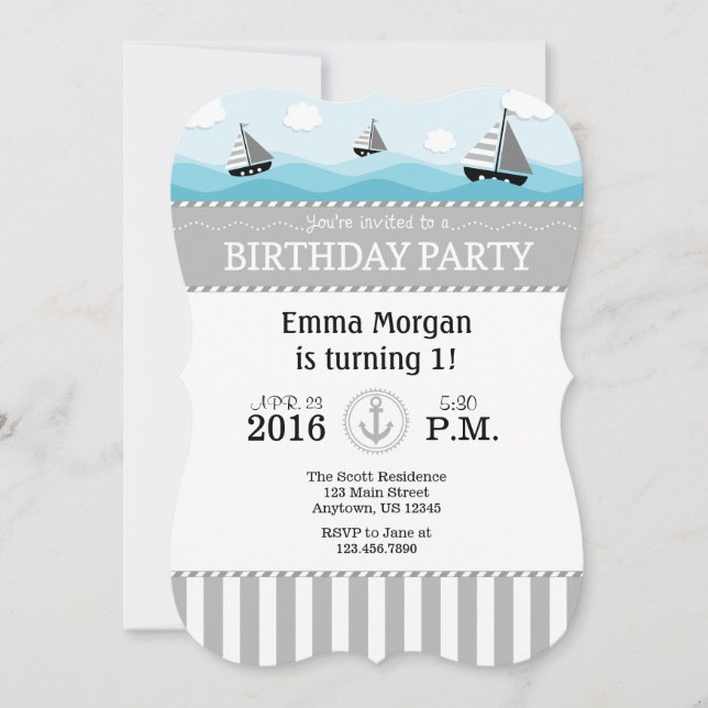 Gris Gris Bleu Nautique Anniversaire Invitation (Devant)