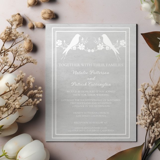 Gris Lovebird Floral Faire-part de mariage (Gray Lovebird Floral Wedding Invitation)