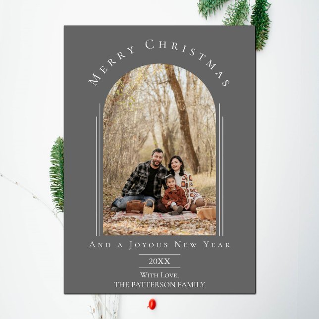 Gris moderne Arc Cadre de vacances Carte photo (Gray Modern Arch Frame Holiday Photo Card)