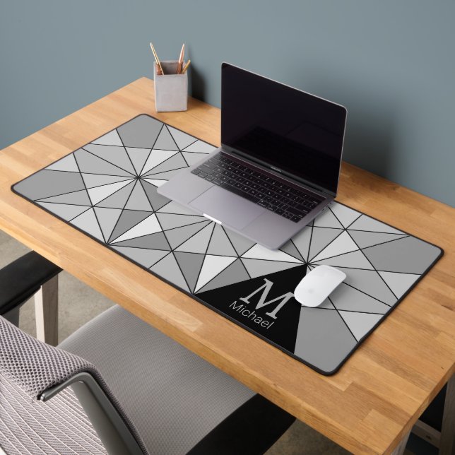 Gris noir blanc rétro Mosaïque Triangle Monogramme (Bureau 2)