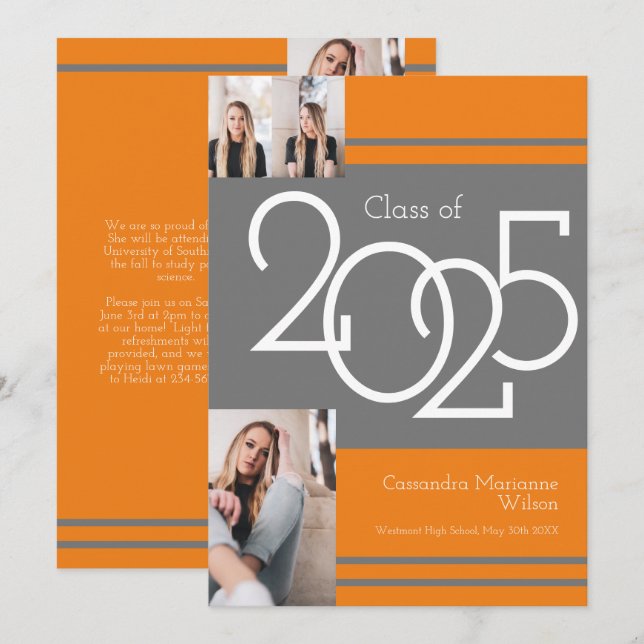 Gris Orange Couleurs de l'école Faire-part de dipl (Devant / Derrière)