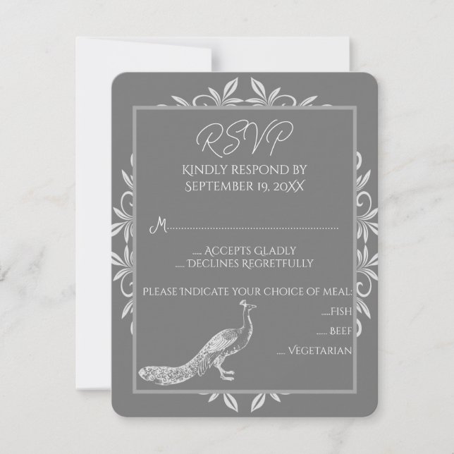 Gris Peacock Flourish Wedish Card RSVP Card (Devant)