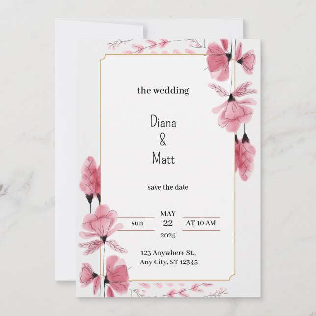 Gris rose Floral Faire-part de mariage esthétique (Devant)