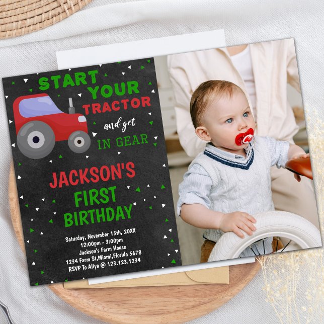 Gris Rouge Tracteur Anniversaire Invitations avec  (Gray Red Tractor Birthday Invitations with photo)