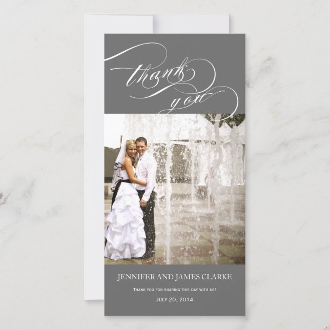 Gris script personnalisé Mariage photo Merci (Devant)