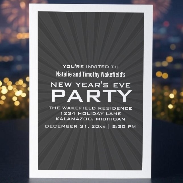Gris Starburst rayures Invitation de la fête du No (Gray Starburst Stripes New Years Party Invite)
