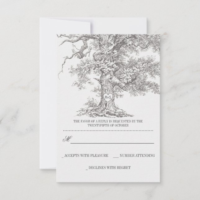gris vieux arbre rustique mariage cartes RSVP (Devant)