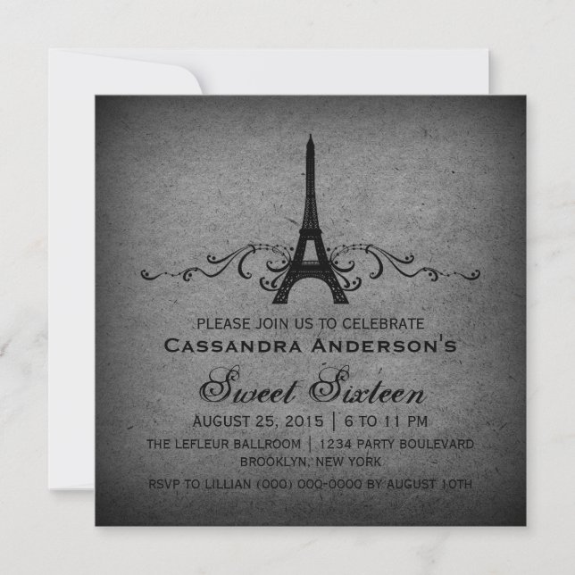 Gris Vintage Français Plourish Sweet 16 Invitation (Devant)