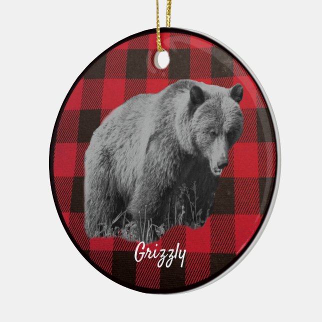 Grizzly Bear Buffalo Plaid en céramique ornement (Gauche)