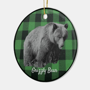 Grizzly Bear Buffalo Plaid en céramique ornement
