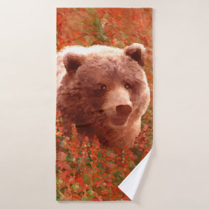 Grizzly Bear Cub dans Fireweed Peinture Art de la