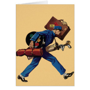 Groom d'époque en uniforme, valise et club de golf