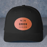 Groom Wedding Party<br><div class="desc">Celebrate the groom in style with this personalized leather patch trucker hat, a modern and practical accessory for weddings, bachelor parties, rehearsal dinners, and pre-wedding events. Featuring a custom monogram composed of his and his bride's initials and their wedding date on a leather patch, this hat blends rugged charm with...</div>