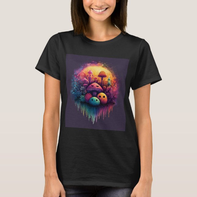Groovy Fun Mushrooms Women’s Black T-Shirt (Devant)
