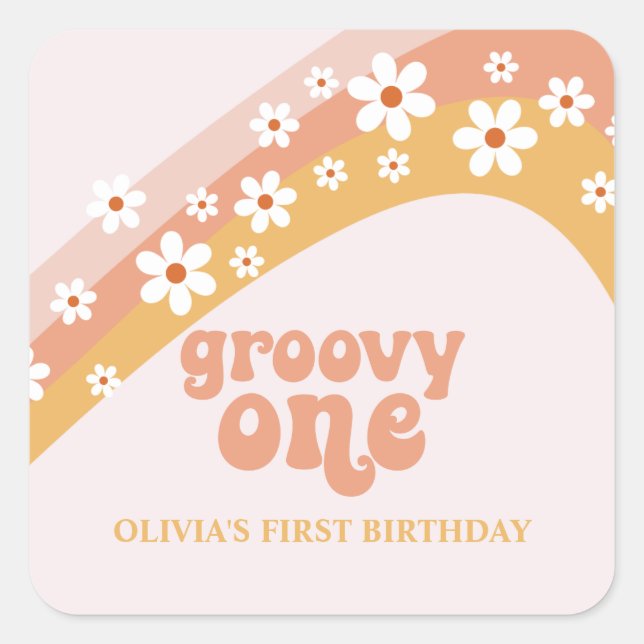 groovy one Retro Daisy Boho Autocollant Carré Rain (Devant)