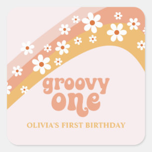 groovy one Retro Daisy Boho Autocollant Carré Rain