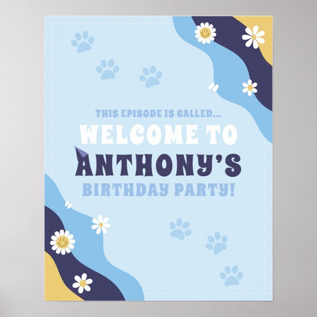 Groovy Puppy Welcome Sign Poster Birthday Blue (Devant)