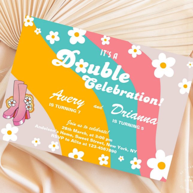 Groovy Retro Daisy Invitation Anniversaire Commune (double celebration invite, joint birthday invite, twin birthday party, retro birthday invite, daisy )