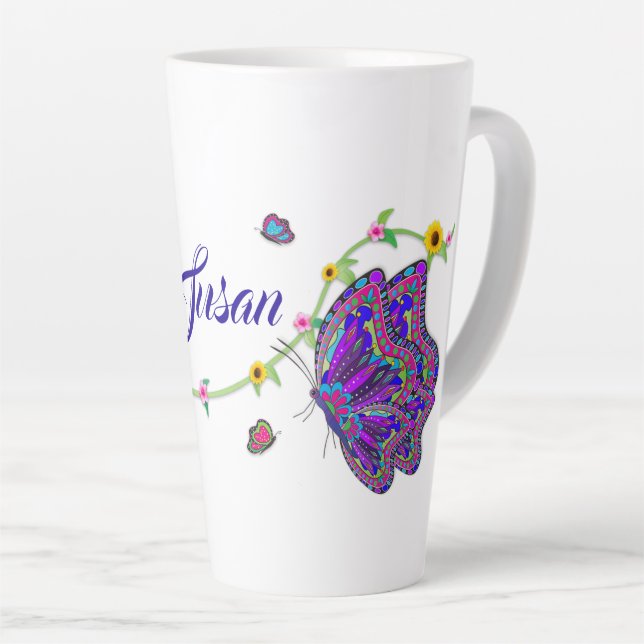 Gros Beaux Papillons et Fleurs Latte Mug (Angle droit)