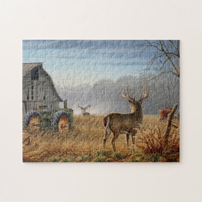 Gros Buck Deer Showdown Sur La Ferme Jigsaw Puzzle (Horizontal)