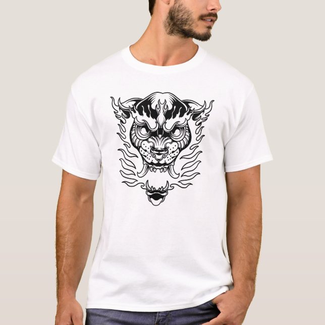 Gros chat avec tatouage à flammes design T-shirt (Devant)
