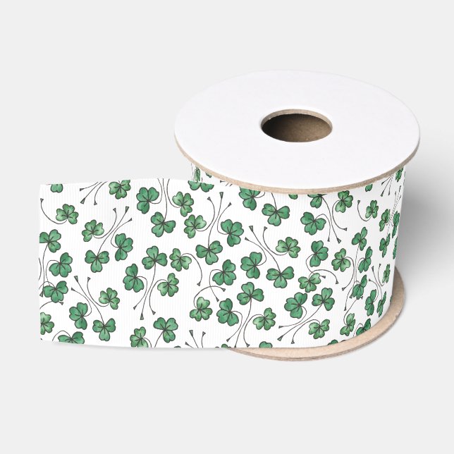Gros-grain Motif Ditsy Shamrock vert au ruban blanc (Bobine)