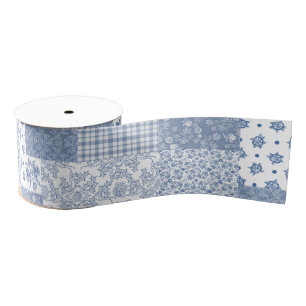 Gros-grain Nostalgique Indigo Faux Patchwork Ruban Grosgrain