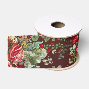 Gros-grain Ruban à motif floral de rose victorienne bordeaux