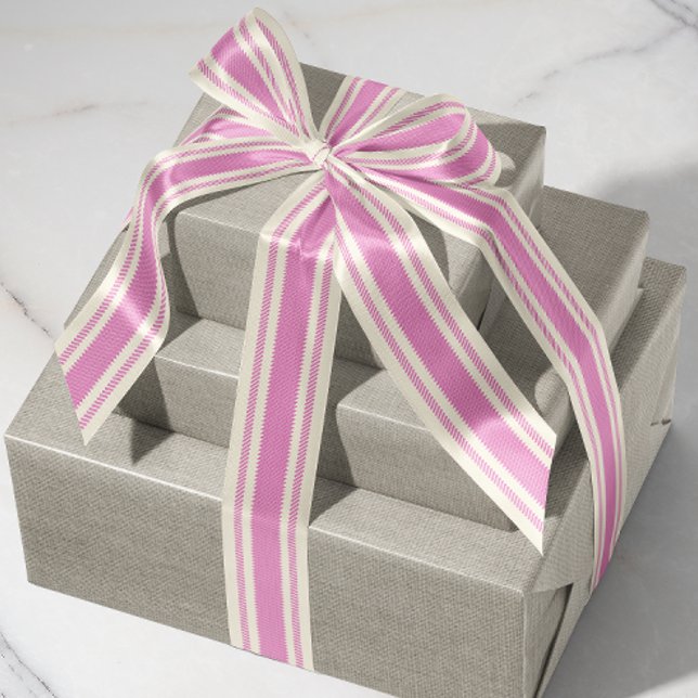 Gros-grain Ruban à ruban blanc cassé et rose bonbon (French country rustic candy pink ticking stripe patterned satin ribbon)