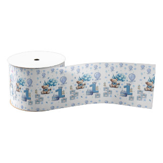 Gros-grain Ruban bleu ourson joyeux 1er anniversaire