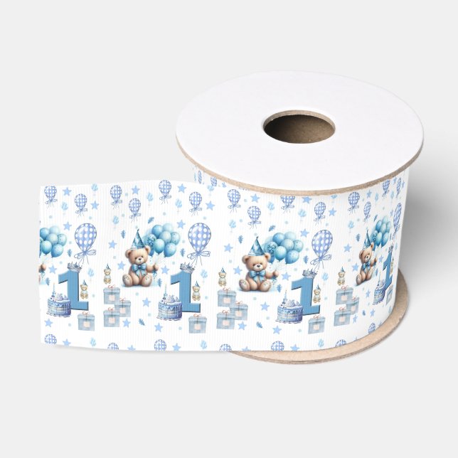 Gros-grain Ruban bleu ourson joyeux 1er anniversaire (Bobine)