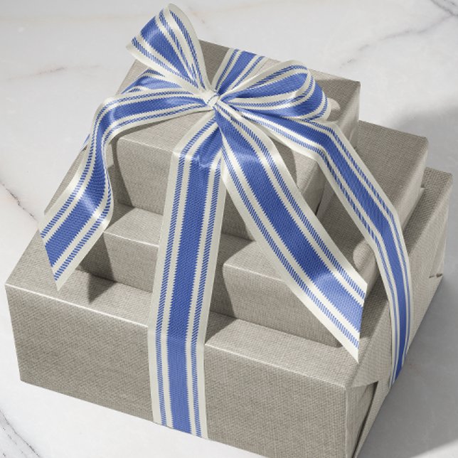 Gros-grain Ruban de bande à ruban bleu doux et blanc cassé (rustic French country periwinkle blue and off-white cream ticking tape stripe patterned ribbon)