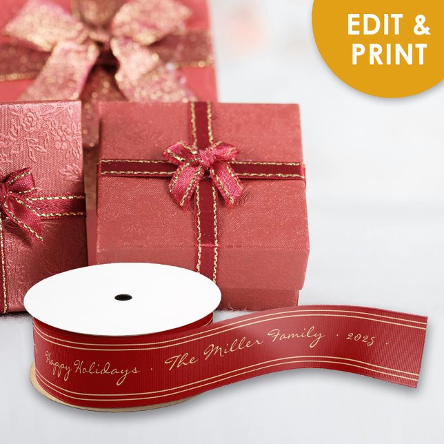 Gros-grain Ruban de Noël vintage classique personnalisable (Vintage Classic Customizable Christmas Ribbon with Family Name and Message)