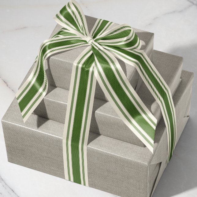 Gros-grain Ruban de ruban blanc et vert forêt (rustic French country mossy green and off-white cream ticking tape stripe patterned ribbon)