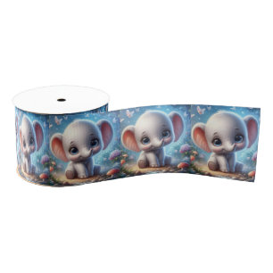 Gros-grain Ruban décoratif bébé éléphant blanc floral bleu