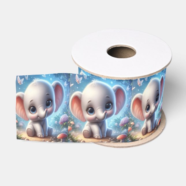 Gros-grain Ruban décoratif bébé éléphant blanc floral bleu (Bobine)
