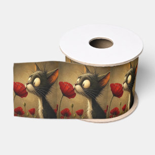 Gros-grain Ruban décoratif Chat noir et blanc Fleur rouge