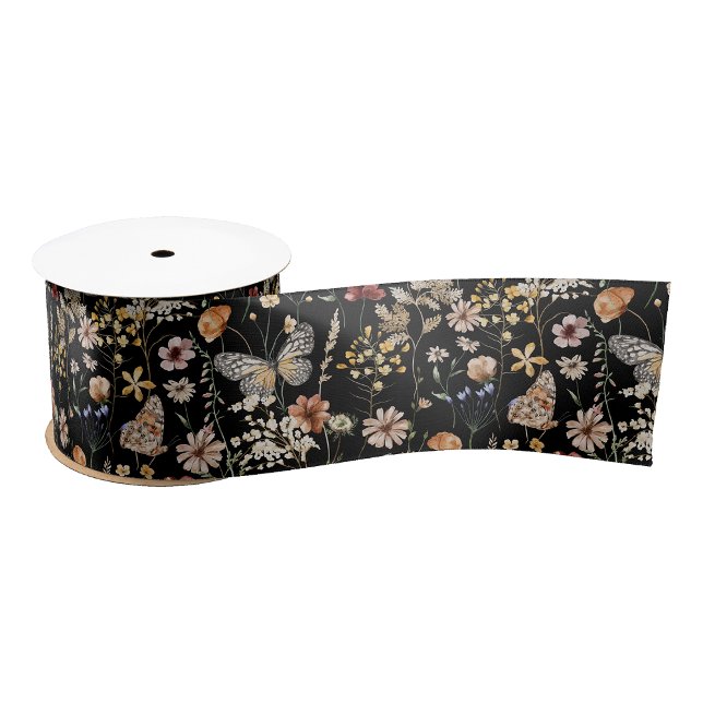 Gros-grain Ruban floral boho noir (Black Boho Floral Gift Wrapping Ribbon with Butterflies by Painted Paperie
)