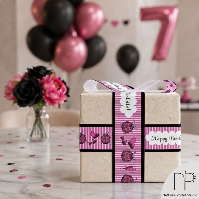 Gros-grain Ruban Grosgrain Coccinelles Rose Chaud (Hot pink ladybugs grosgrain ribbon featuring hand-drawn chic noir fine line ink art.)