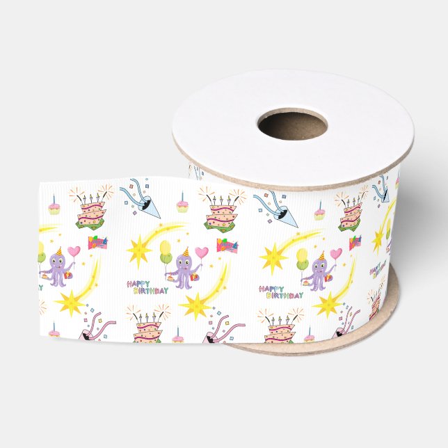 Gros-grain Ruban Joyeux Anniversaire Cupcake Pieuvre (Bobine)