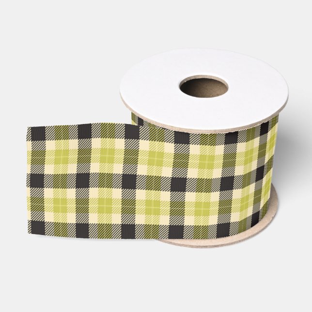Gros-grain Ruban plaqué vert olive et noir Tartan (Bobine)