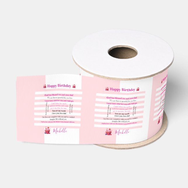 Gros-grain Ruban rayé rose et blanc Joyeux Anniversaire  (Bobine)