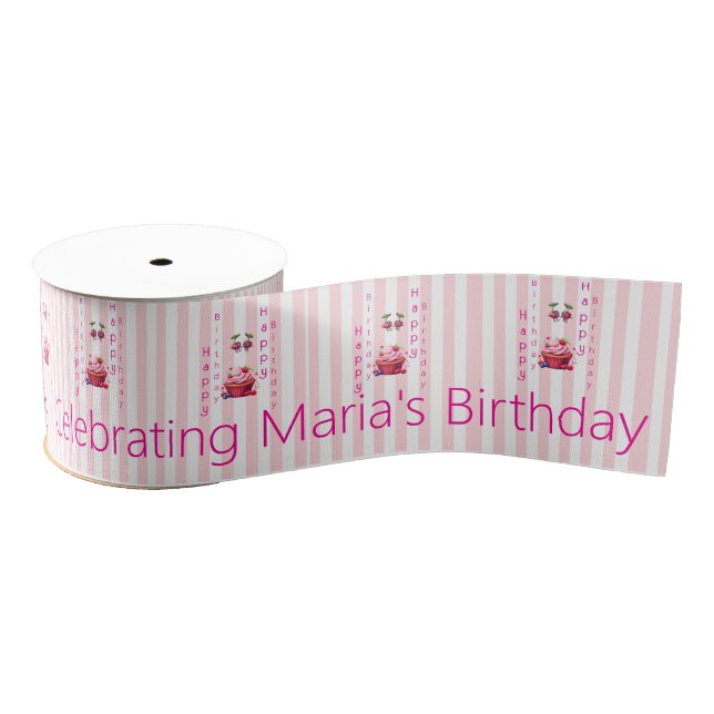 Gros-grain Ruban rayé rose et blanc Joyeux Anniversaire  (Bobine)