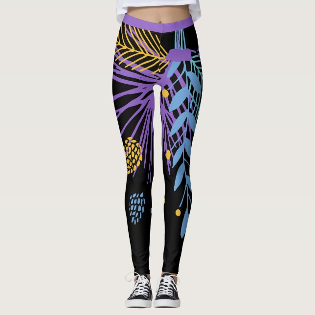 Gros Gras Violet Bleu Jaune Leggings botaniques (Devant)