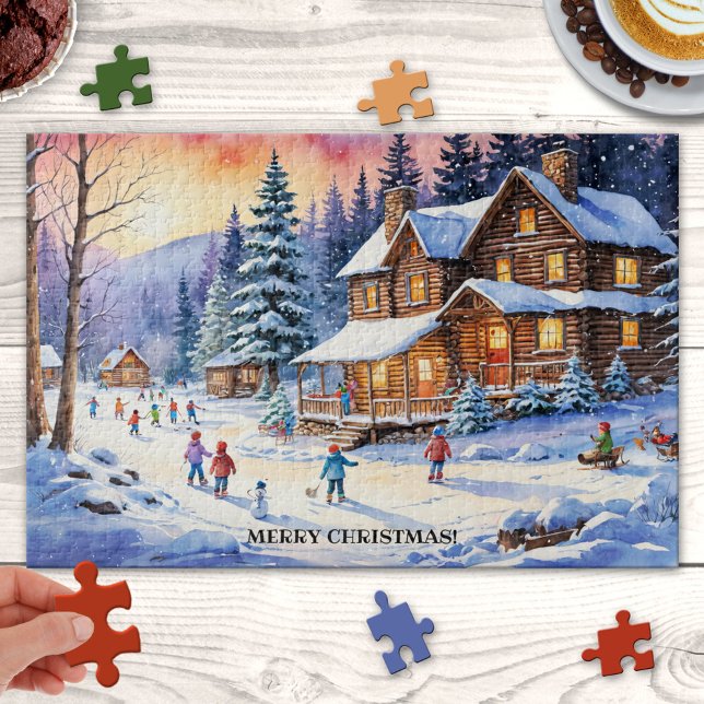 Gros hiver neige amusant Noël Famille Puzzle (Lovely large Christmas puzzle featuring a happy winter wonderland with children playing in the snow)