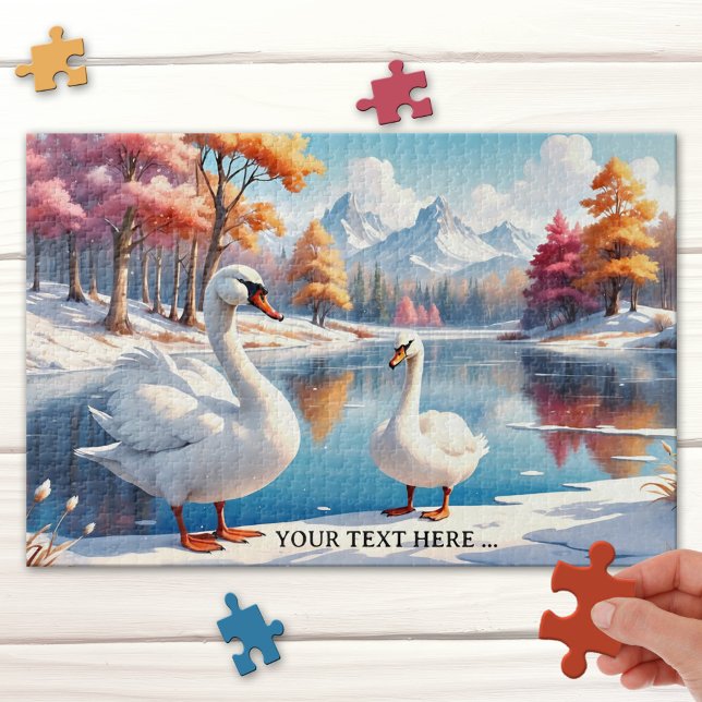 Gros Swan d'hiver maman et enfant Puzzle (Lovely large family puzzle featuring a mom and child swan in a winter wonderland - Christmas)