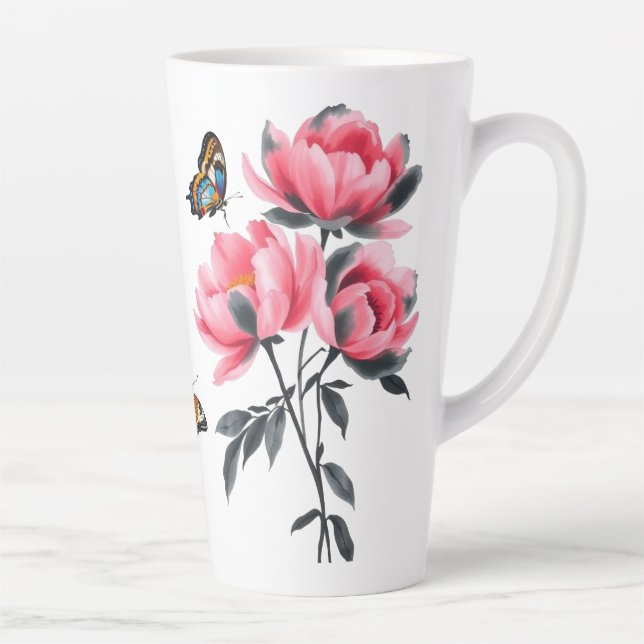 Grosse Mug Latte - Fleurs de pivoines roses, Papil (Droite)