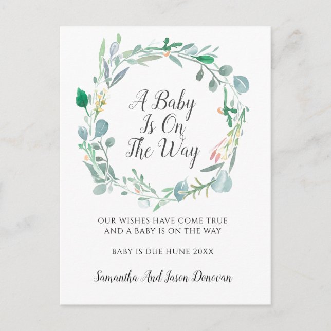 Grossesse Faire-part rose vert fleuri couronne (Devant)