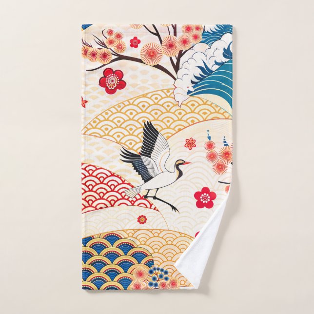 Grue japonaise et vagues de fleurs de cerisier (Serviette à main)