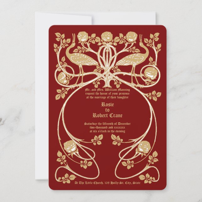 Grues Art Nouveau en Faire-part de mariage Rose Bu (Devant)